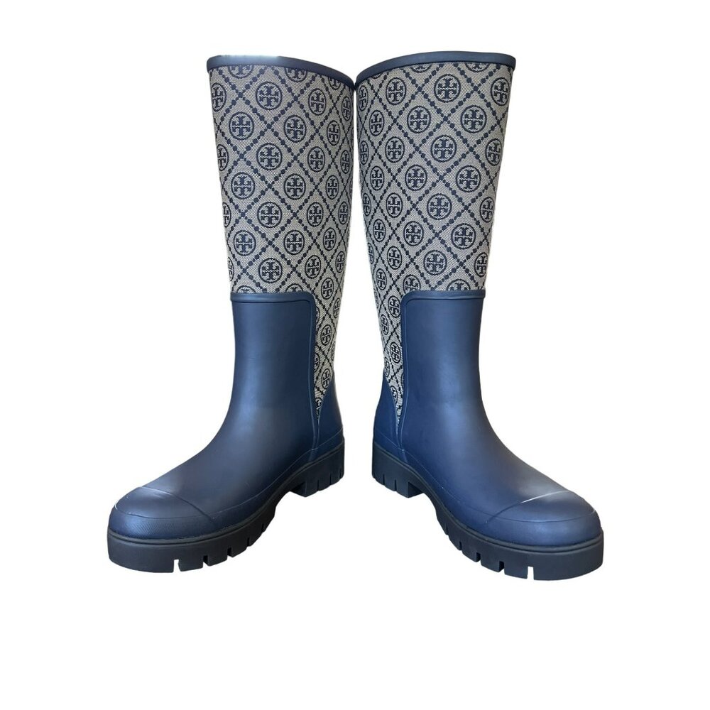 T-132. Tory Burch T Monogram Hurricane Tall Boot Perfect Navy - Picture 5 of 7